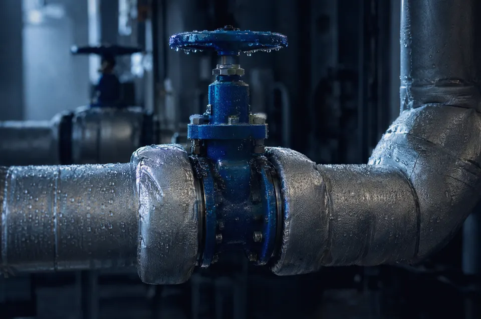 Illustration: Cooling pipes and valves with condensation