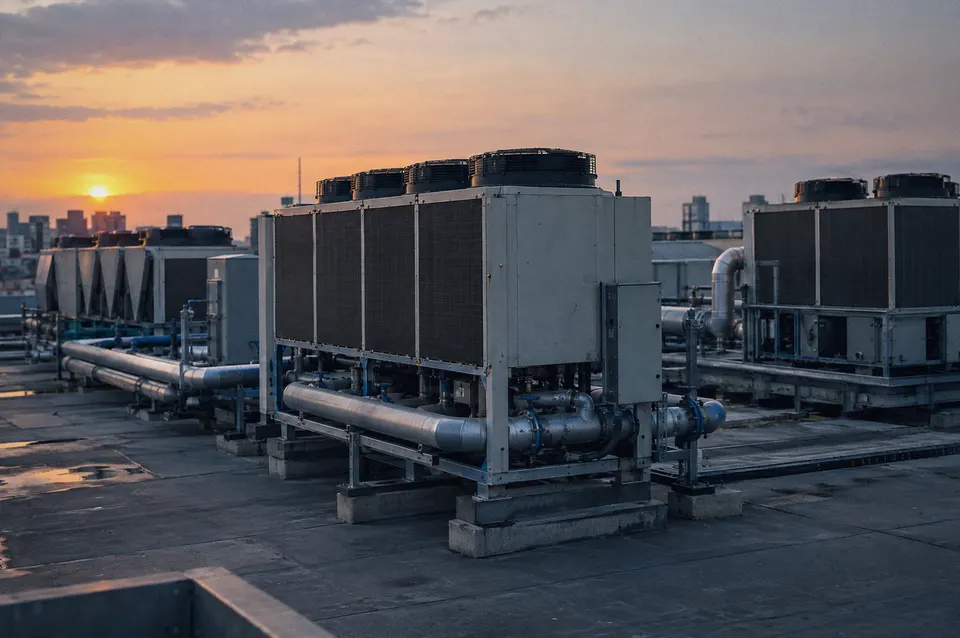 Illustration: Cooling units on a rooftop at dusk