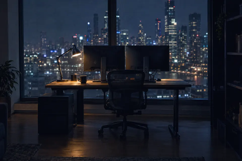 Illustration: A desk at night by a window onto a city