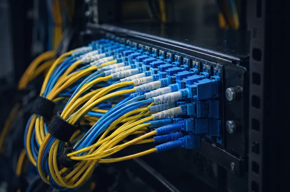Illustration: Fibre-optic patch cables plugged into a panel
