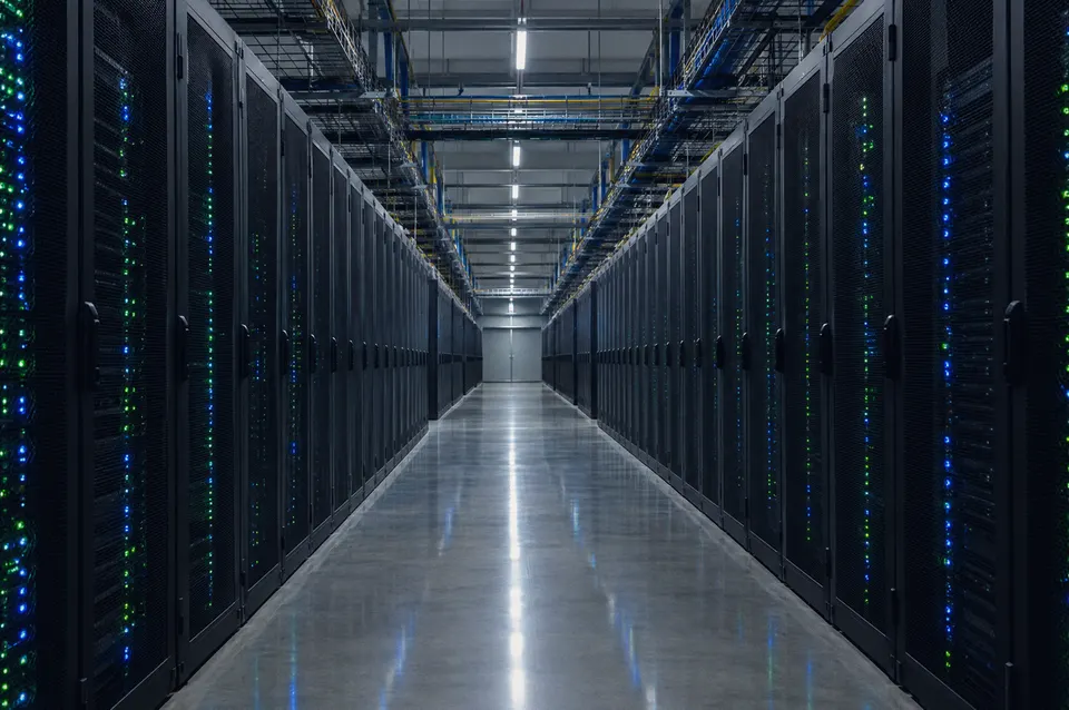 Illustration: A long empty aisle between rows of server racks