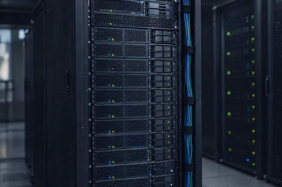 Illustration: The front of a server rack with small status lights