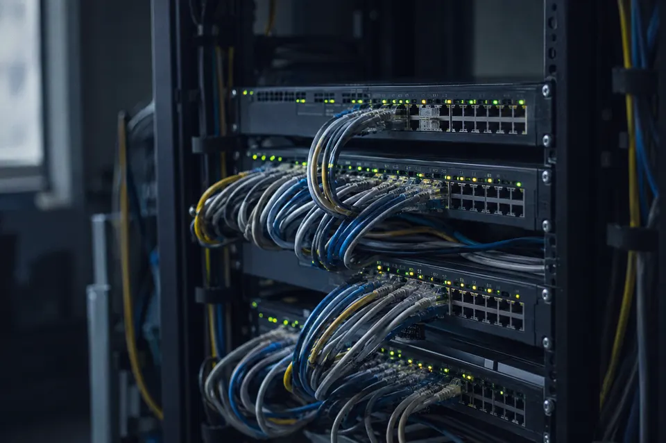 Illustration: Network switches with many patch cables