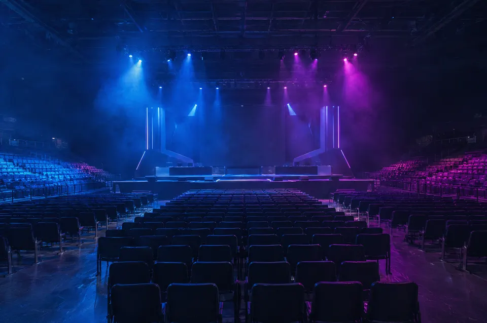 Illustration: An empty arena lit in blue and magenta