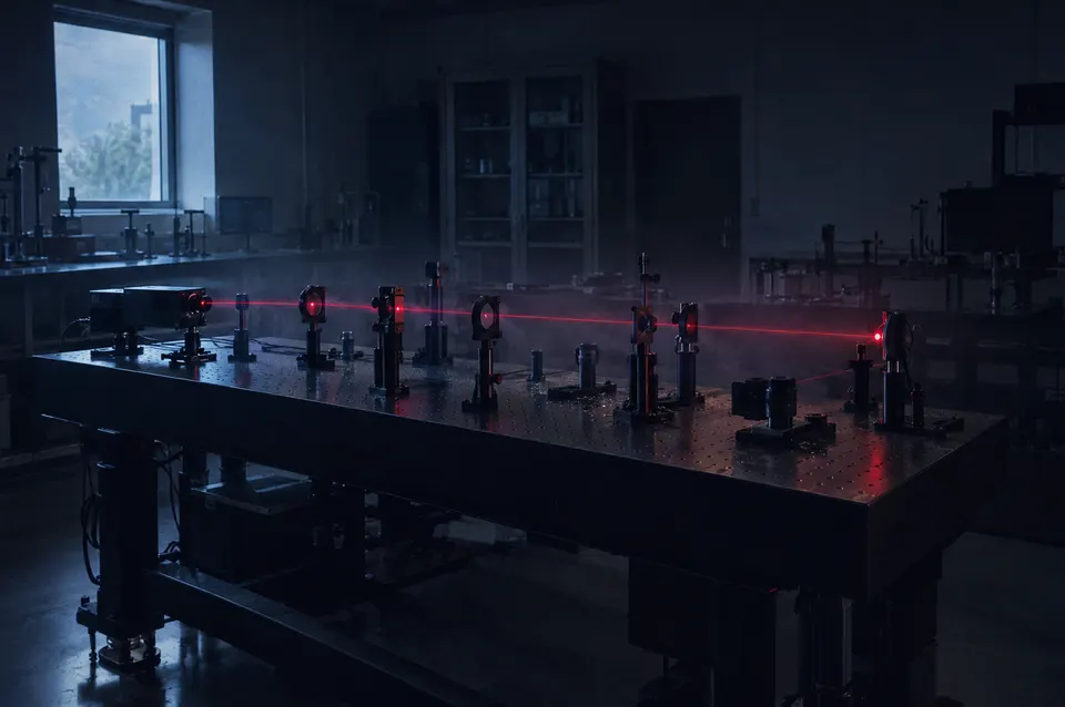 Illustration: An optics lab with a laser crossing the table