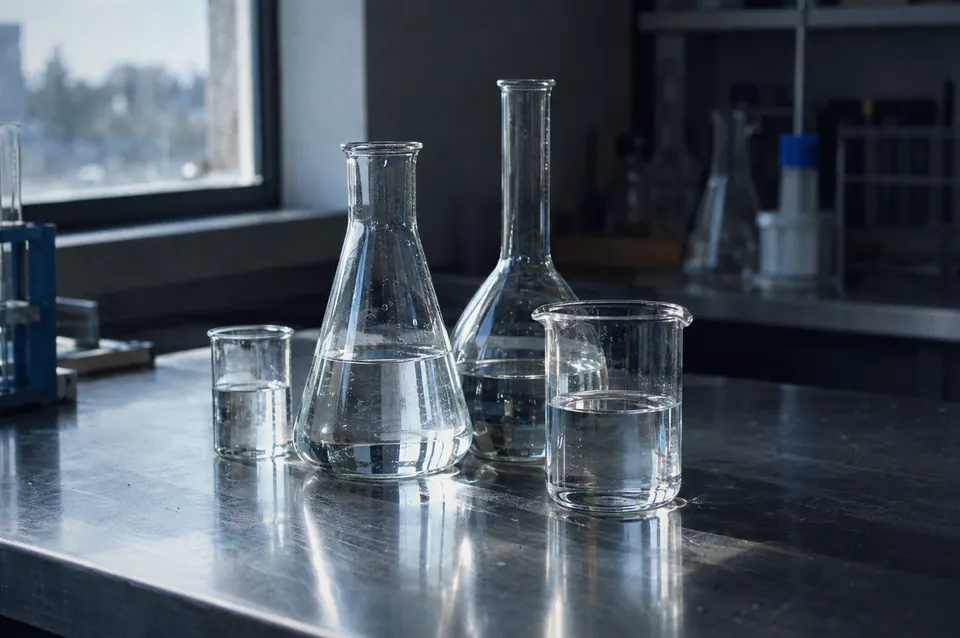 Illustration: Laboratory glassware on a steel bench
