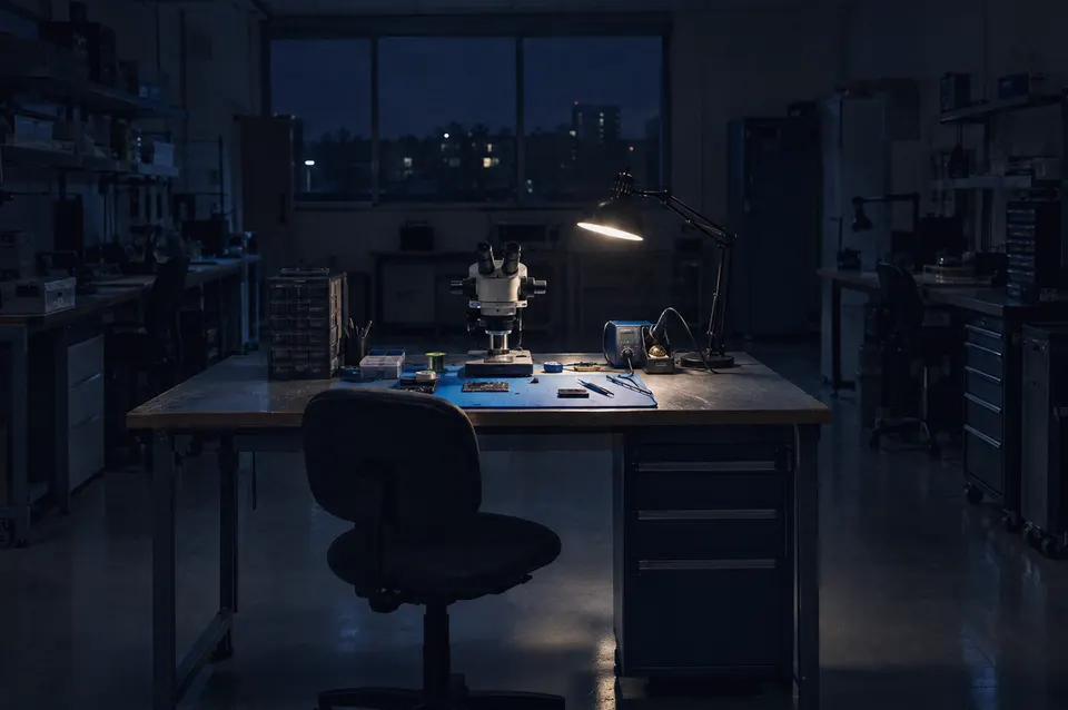 Illustration: An electronics workbench lit by a single lamp