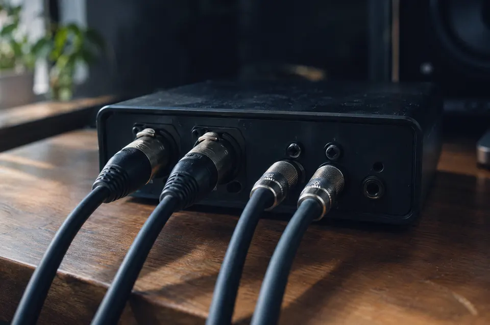 Illustration: Audio cables plugged into an interface
