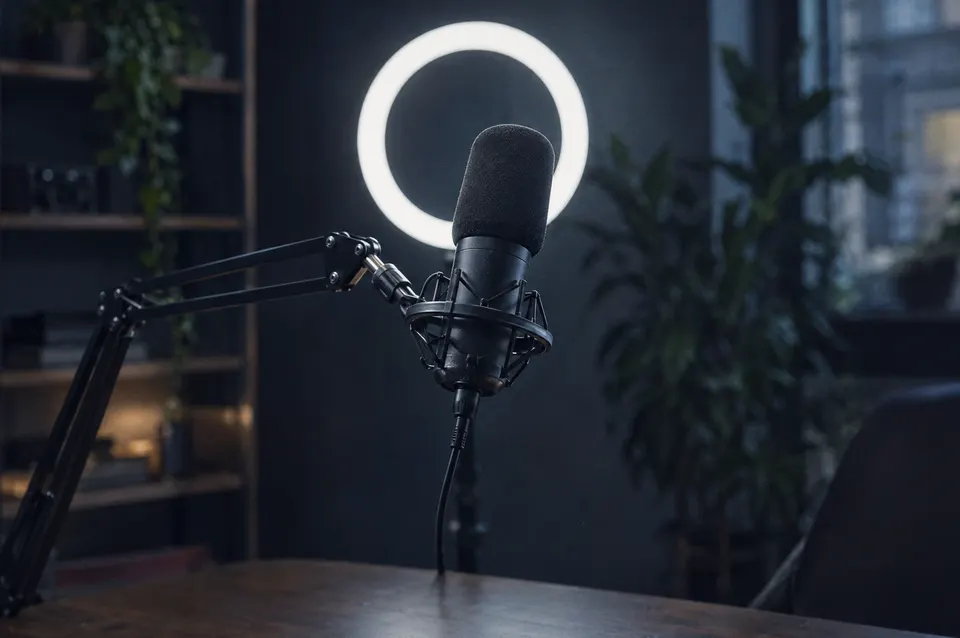 Illustration: A studio microphone on a boom arm