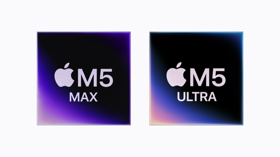 Apple's M5 Max and M5 Ultra chip packages side by side on a white background. Each is a dark square die surrounded by an iridescent purple and blue border, labelled M5 MAX and M5 ULTRA.