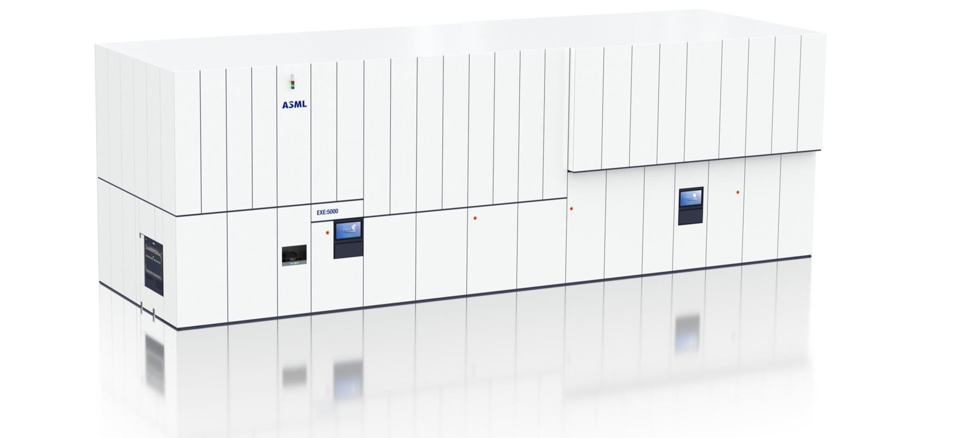 ASML's TWINSCAN EXE:5000 lithography system, a long white machine the size of a small building, made of vertical white panels with two control screens, shown on a white floor.