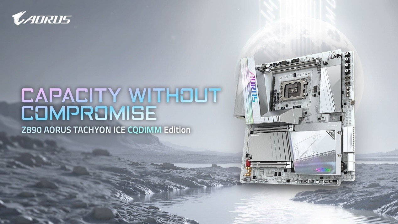 GIGABYTE's white Z890 AORUS Tachyon ICE CQDIMM Edition motherboard standing in a pale rocky landscape beside the words Capacity Without Compromise.