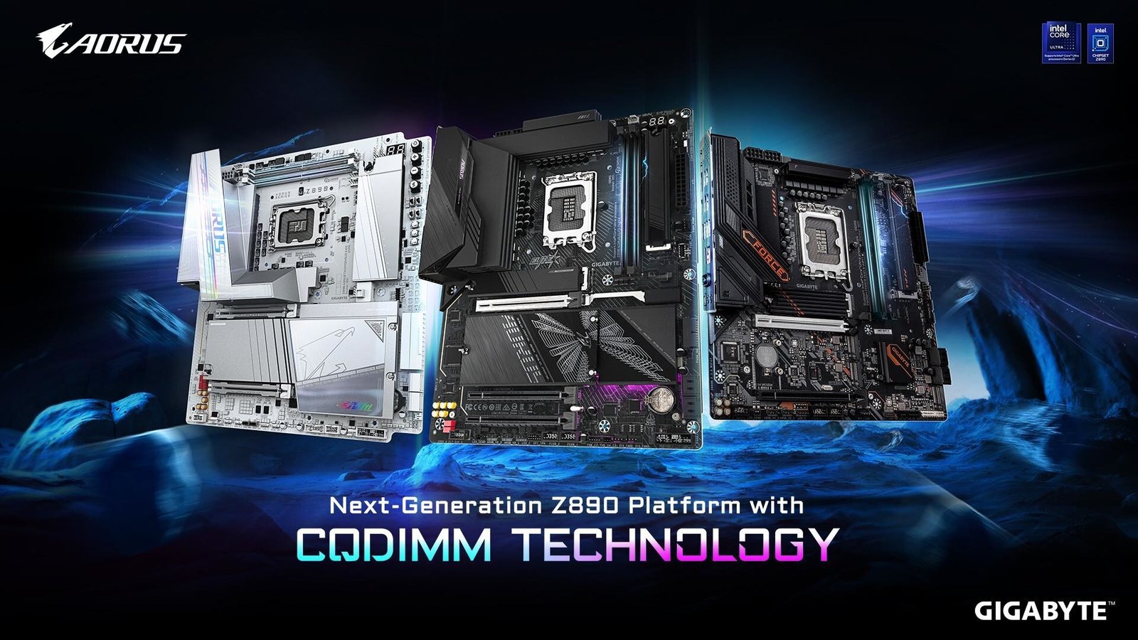 GIGABYTE's promotional image of three Z890 motherboards, one white and two black, above a blue icy landscape, captioned Next-Generation Z890 Platform with CQDIMM Technology.