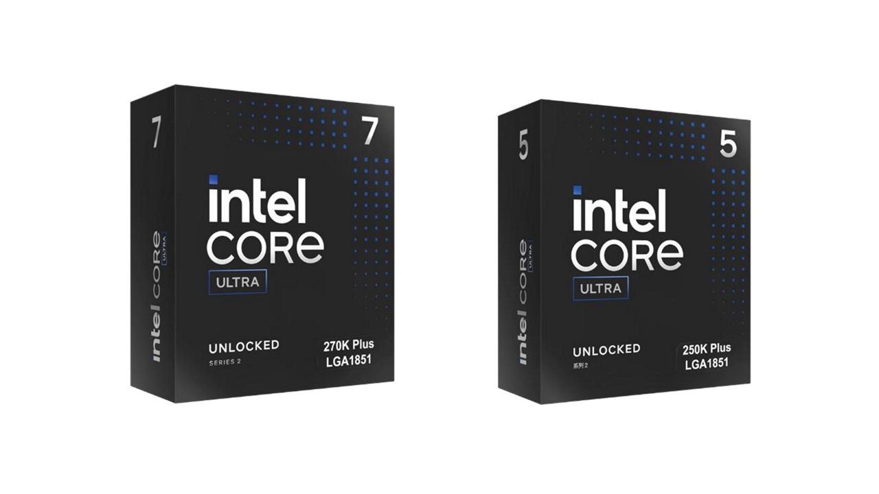 The retail boxes of the Intel Core Ultra 7 270K Plus and Core Ultra 5 250K Plus desktop processors, both black, side by side on white.