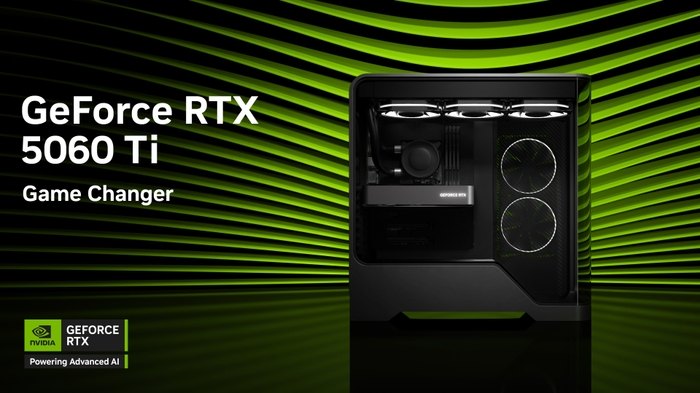 NVIDIA's promotional image for the GeForce RTX 5060 Ti, a black PC case with a glass side showing the graphics card and three fans, on a background of green light.