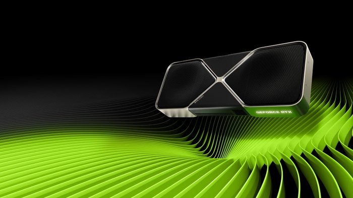 NVIDIA's product image of the GeForce RTX 5080 Founders Edition graphics card, a silver and black card with two fans, over a field of curved green lines.