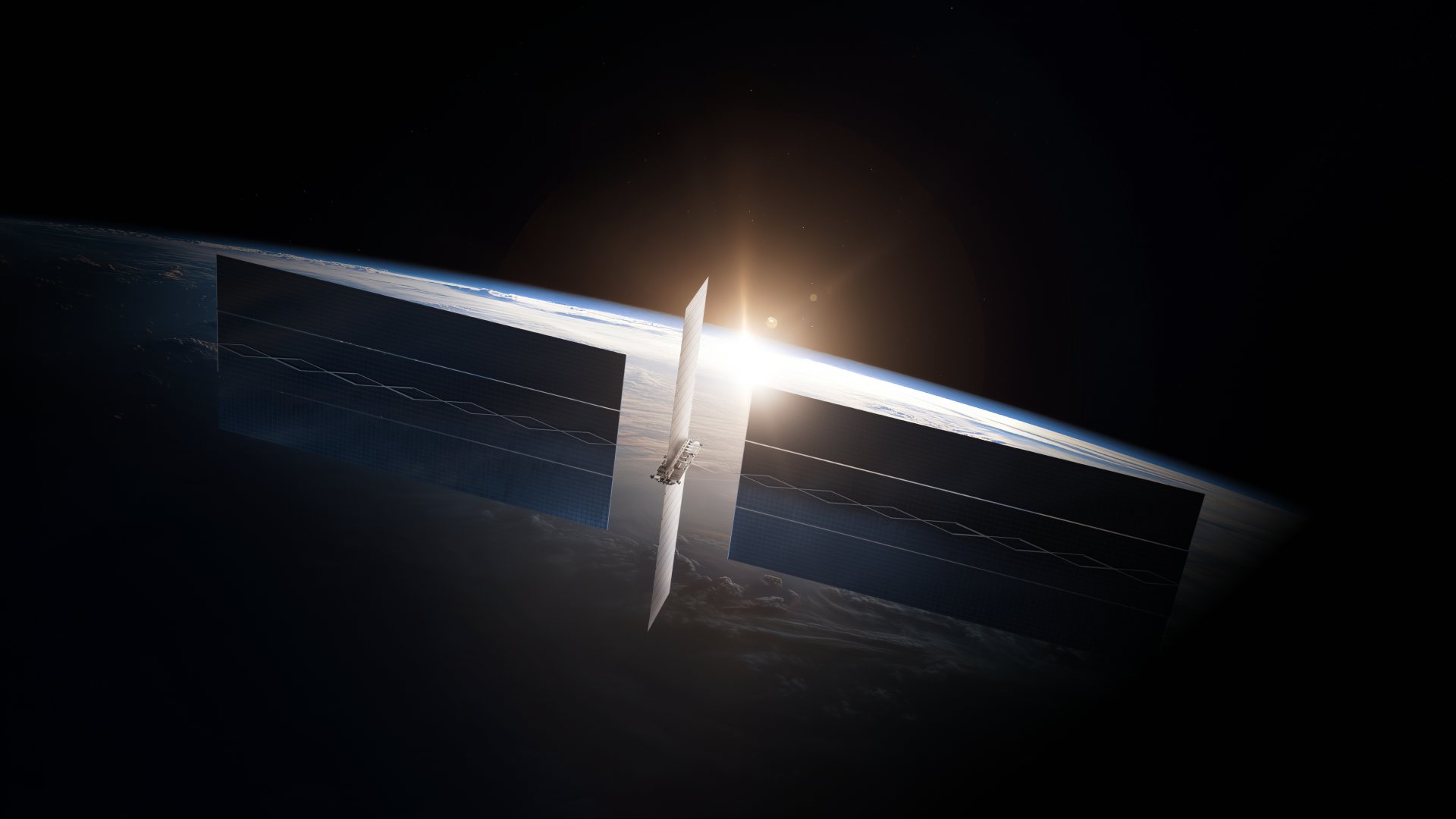 A rendering of a satellite in low orbit with two wide dark solar arrays and a narrow silver radiator panel, lit from behind by the sun rising over the curve of the Earth.