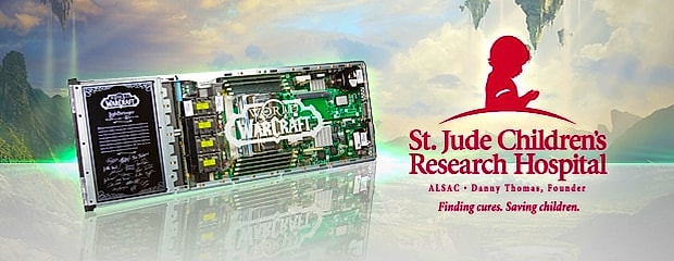 An original World of Warcraft server blade shown open beside its signed commemorative plaque, set against a Warcraft landscape, next to the St. Jude Children's Research Hospital logo.